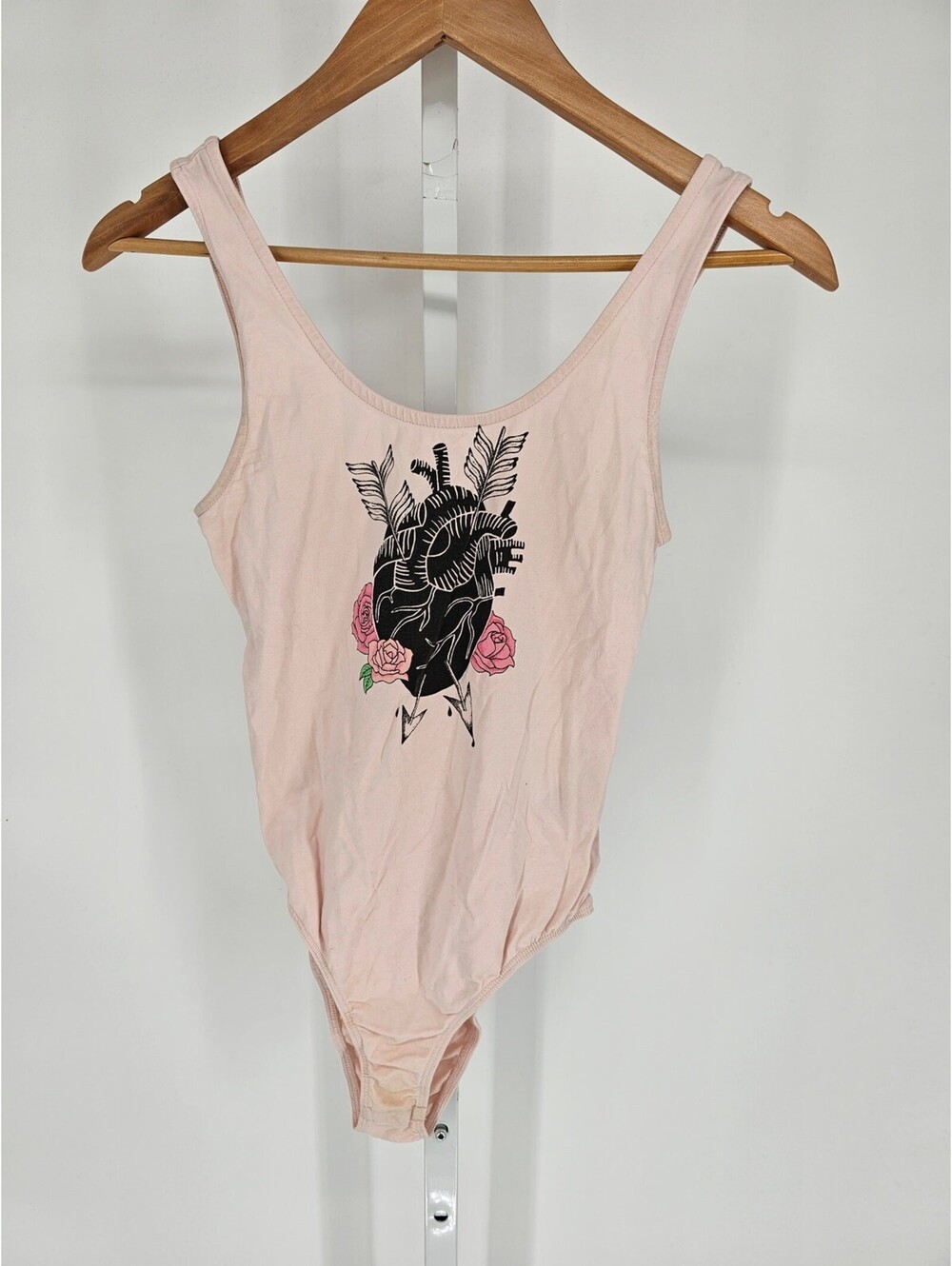 Coachella for H&M Collection Womens Sz S Bodysuit Pink w/ Heart & Roses